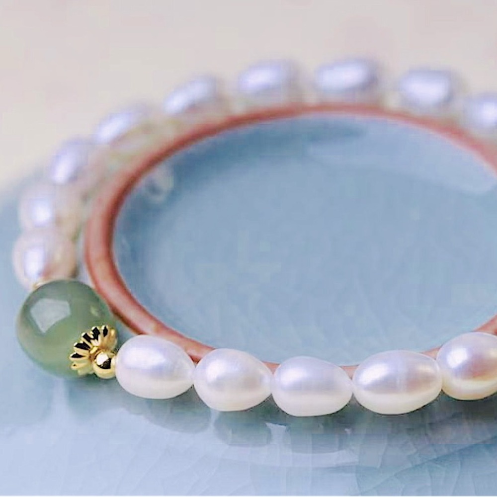 Genuine Beaded Baroque Pearls & Genuine Jade Bracelet NIB